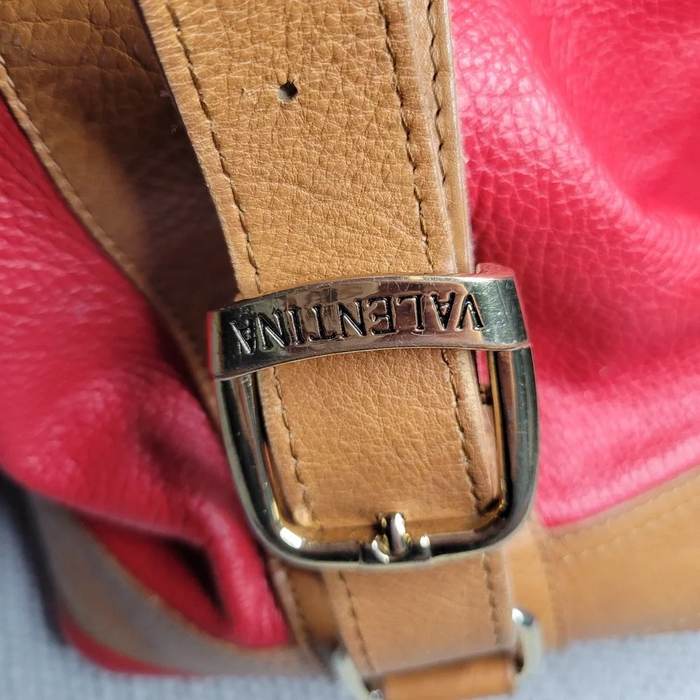 Valentina Red Pebbled Leather Hobo Shoulder Bag Tan Gold Hardware Italian READ